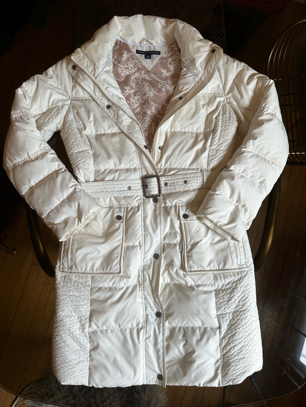 TOMMY HILFIGER Long White Belted Puffer Winter Coat